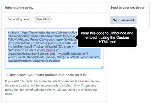iubenda embed code How to copy iubenda's embed code into Unbounce